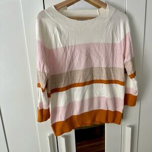 LOFT Cream Knit Top with boat neck and 3/4 sleeves in Pink, Cream, and Orange